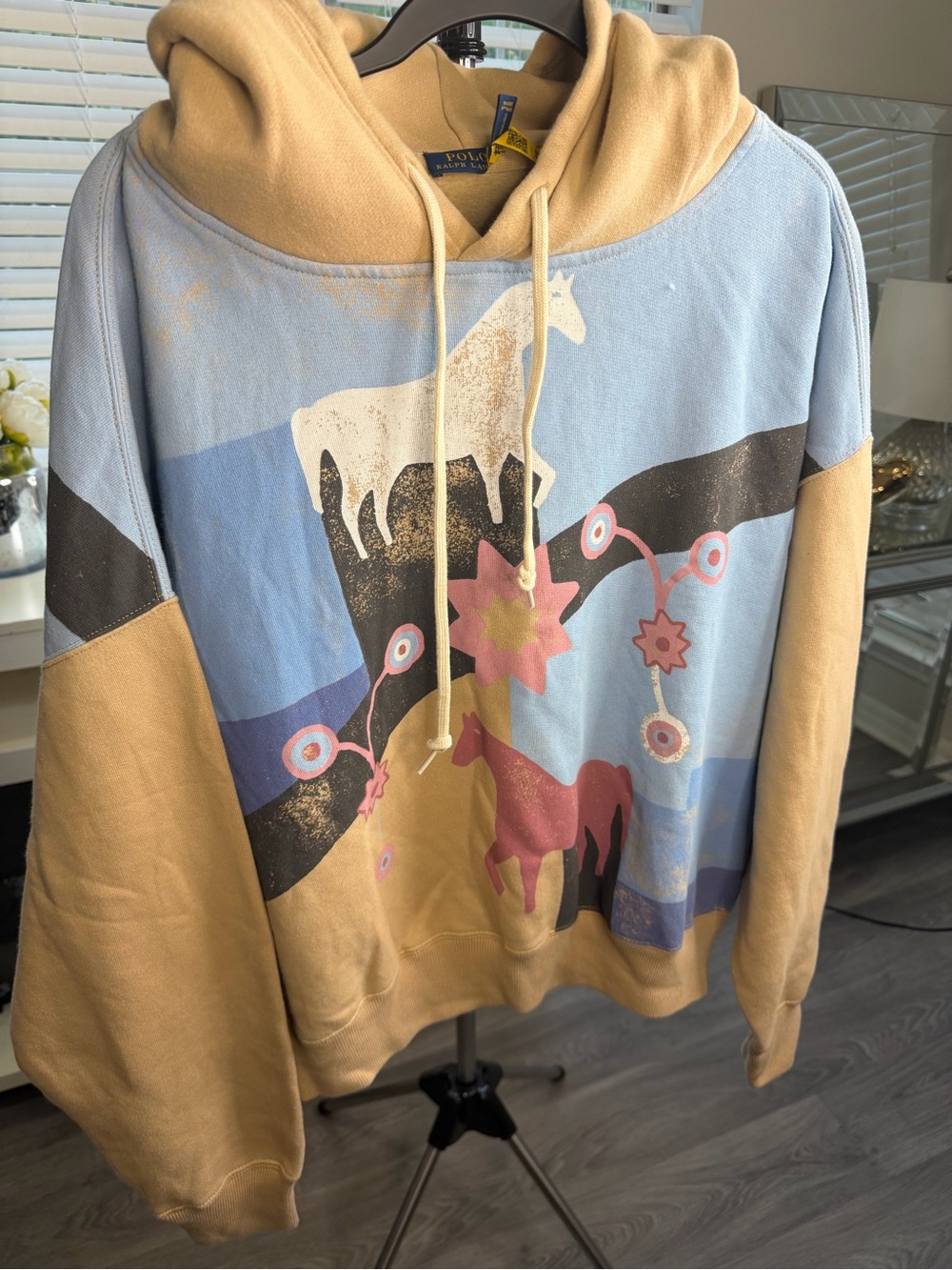 Polo by Ralph Lauren Beige & Light Blue Graphic Hoodie Sweater